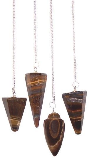 A polished Tiger Eye gemstone pendulum with a silver-toned chain, showing natural golden-brown chatoyant bands.