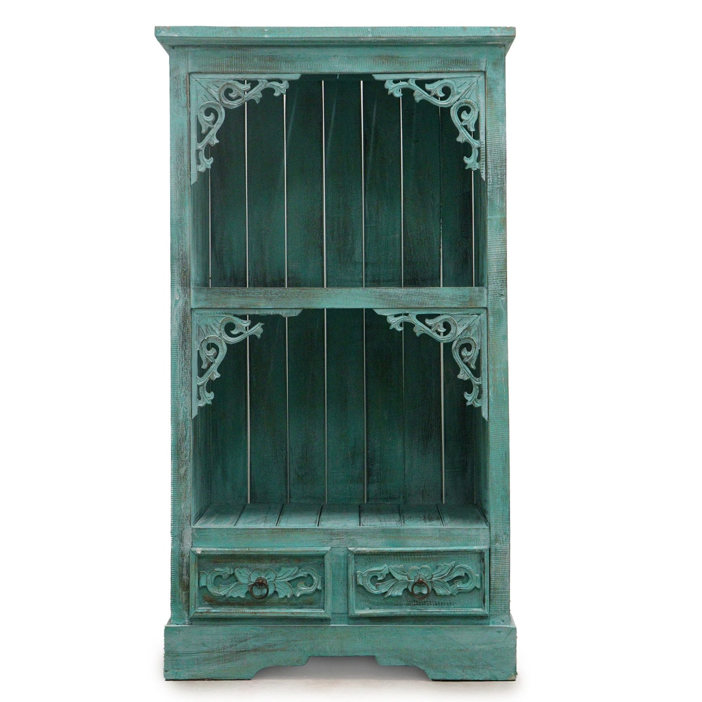 Tall wooden bathroom cabinet with a vibrant turquoise wash finish, featuring drawers and shelving for storage.