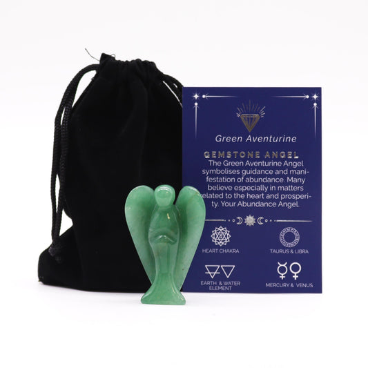 A small hand-carved angel figure made from polished green aventurine gemstone with natural marbled patterns.