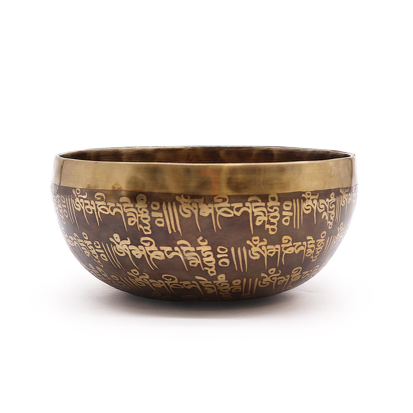 Handcrafted 16cm brass singing bowl featuring intricate mantra engravings on the exterior and interior surfaces.