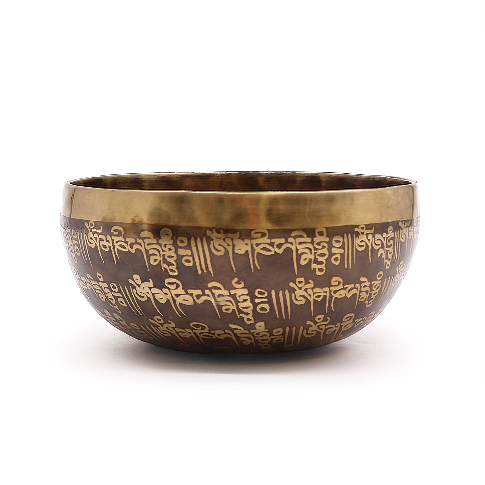 Handcrafted 16cm brass singing bowl featuring intricate mantra engravings on the exterior and interior surfaces.