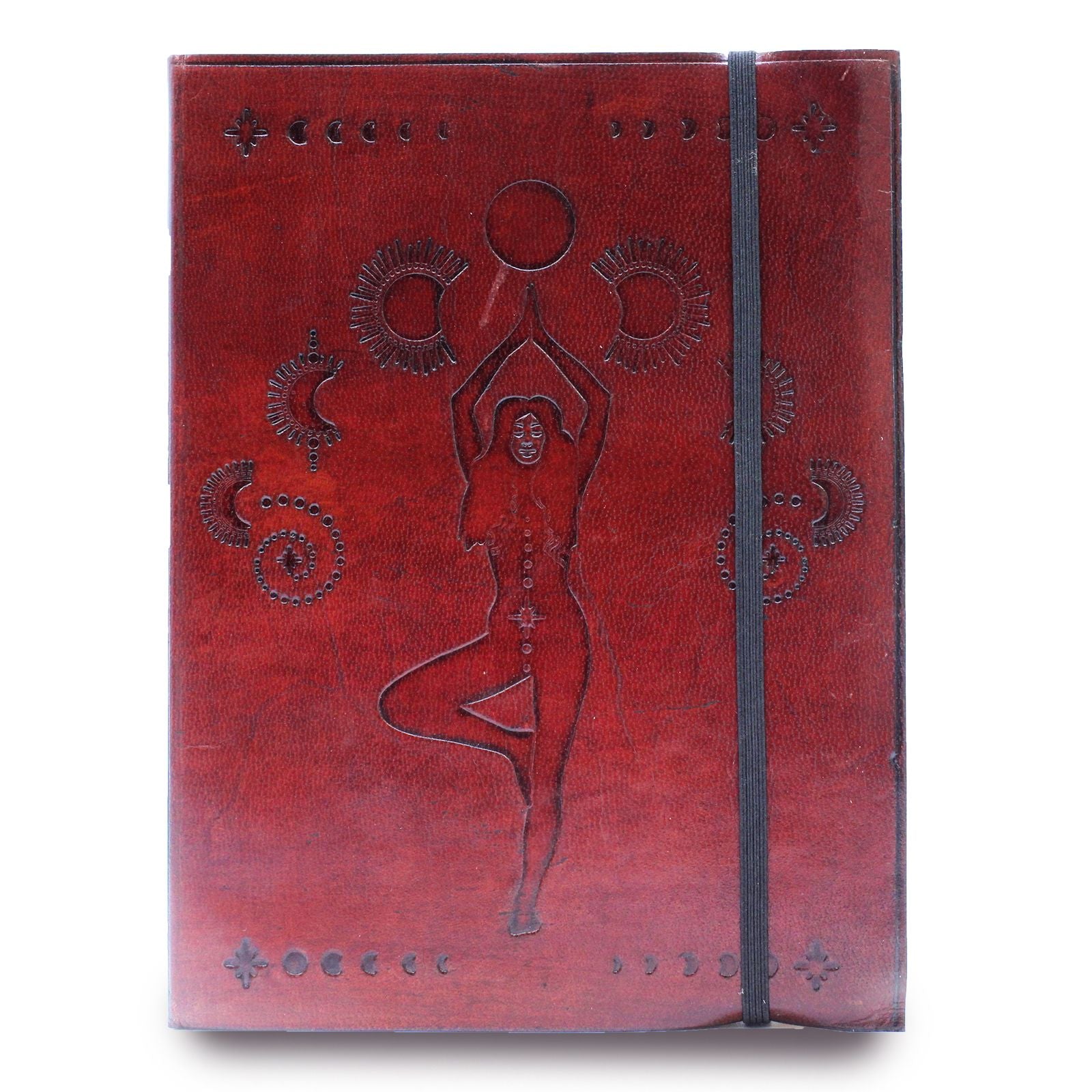 Elegant medium-sized celestial themed notebook with a cosmic goddess design and a secure elastic closure strap.