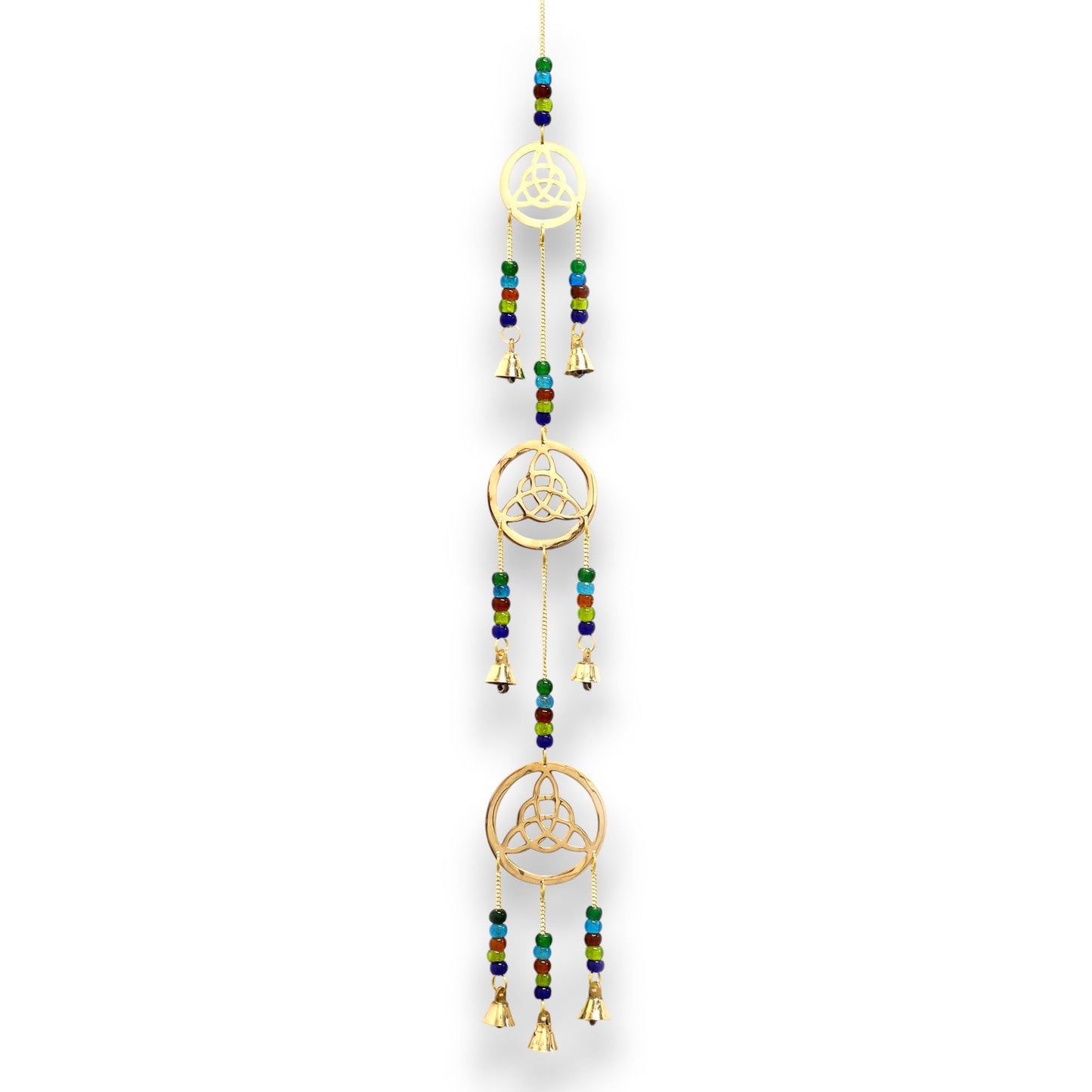 Elegant brass wind chime featuring a Celtic drop design and seven small bells hanging in a vertical row.