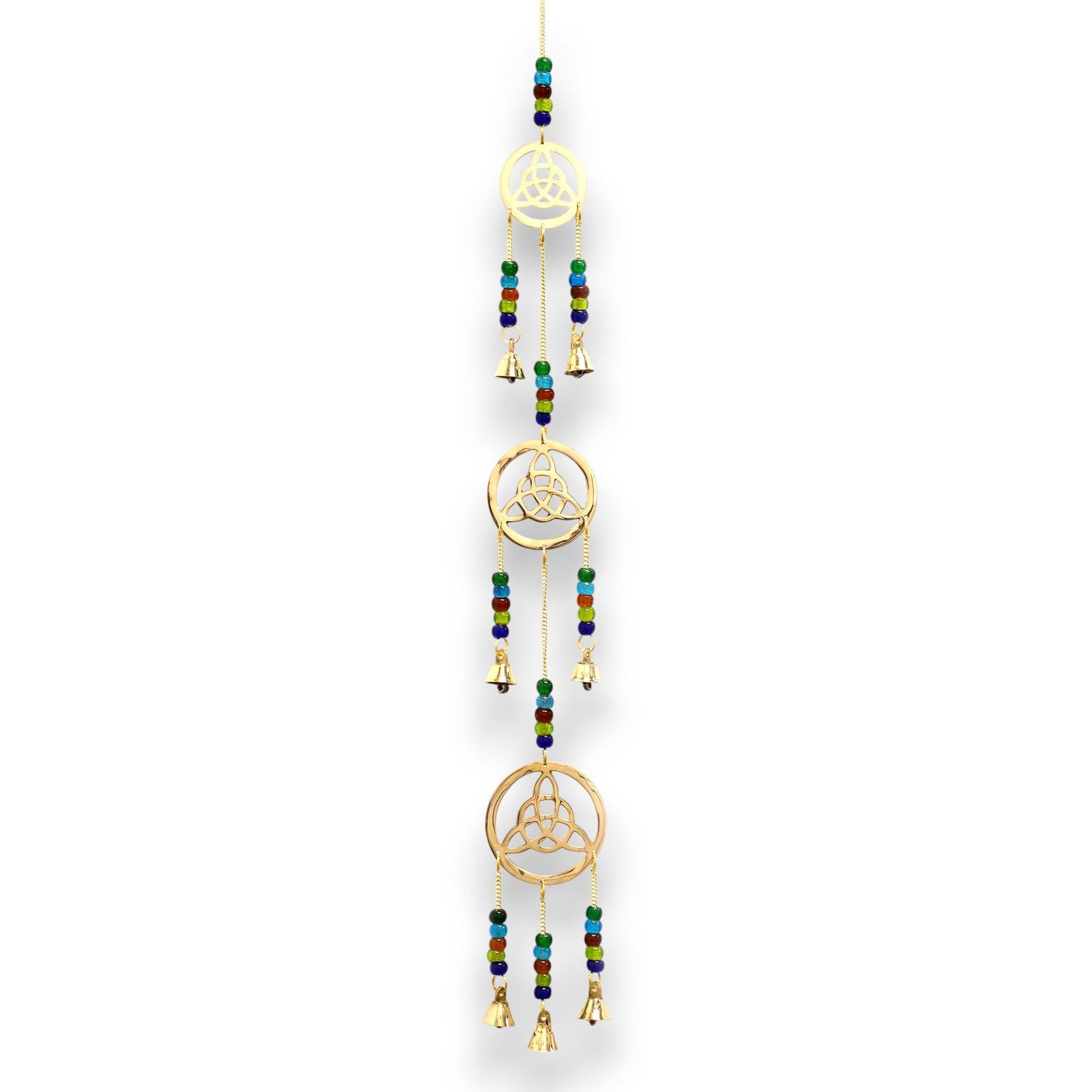 Elegant brass wind chime featuring a Celtic drop design and seven small bells hanging in a vertical row.