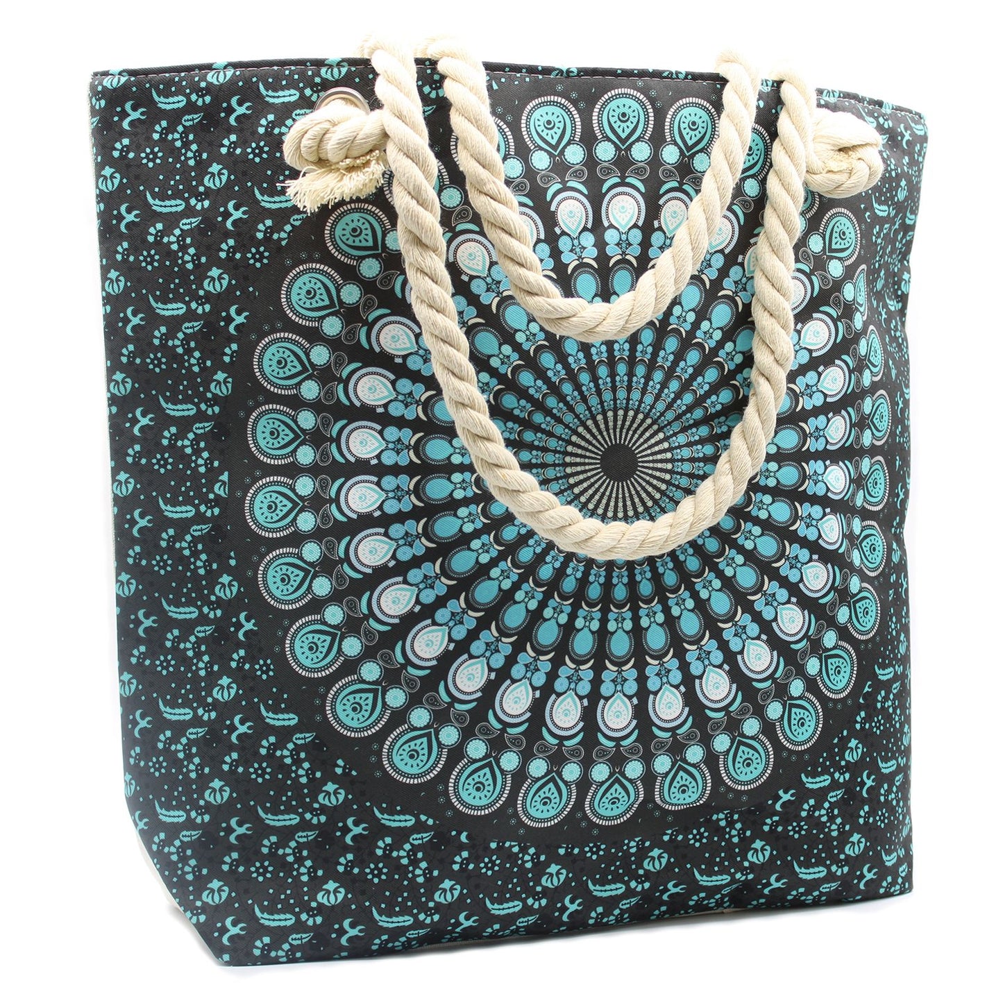Large deep blue tote bag with a white mandala pattern, sturdy rope handles, and a secure zip closure.