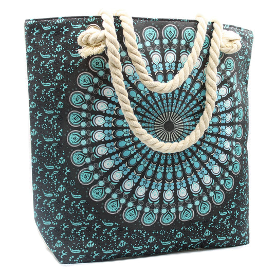 Large deep blue tote bag with a white mandala pattern, sturdy rope handles, and a secure zip closure.