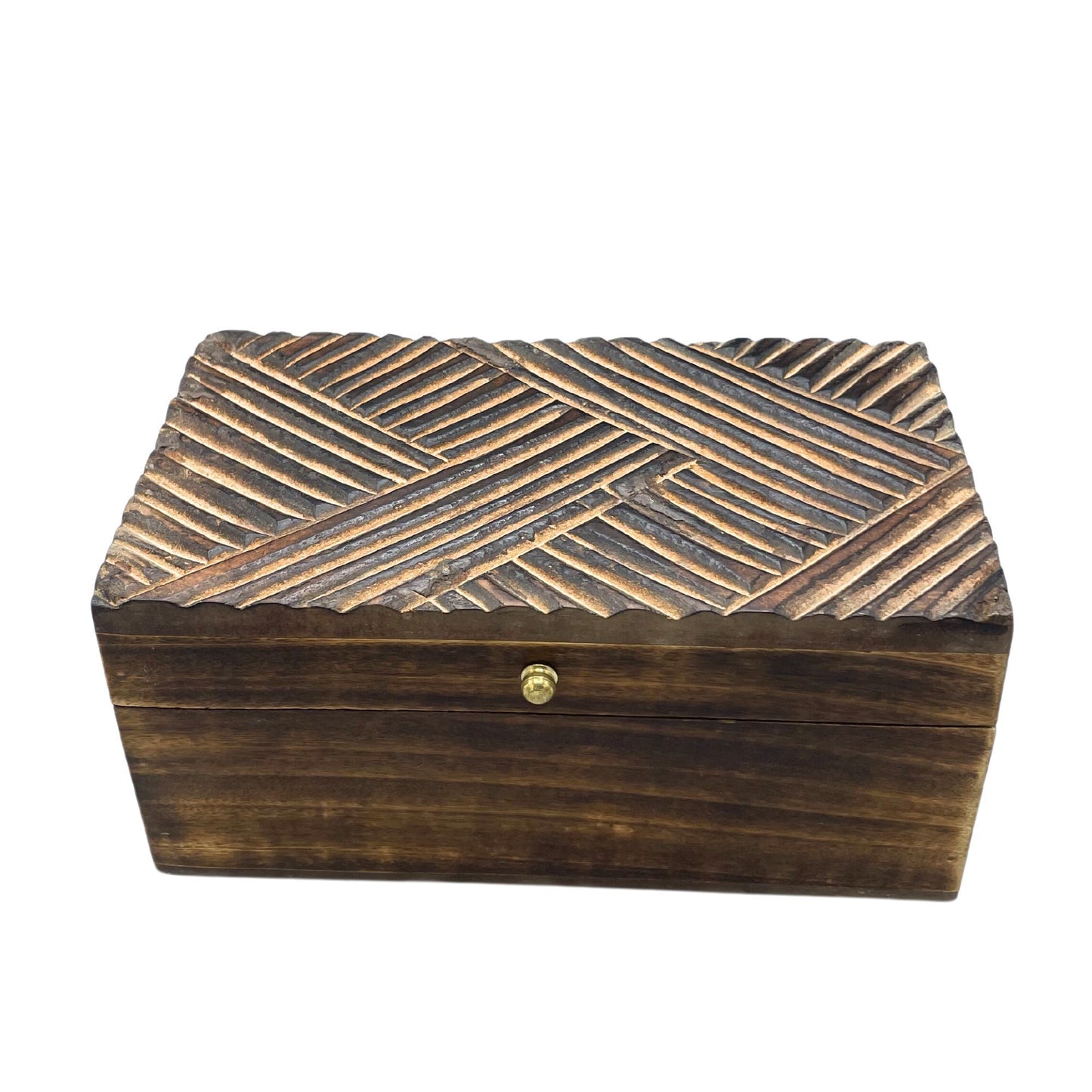 Vintage-style decorative wooden box with intricate antique-inspired line patterns and a hinged lid.