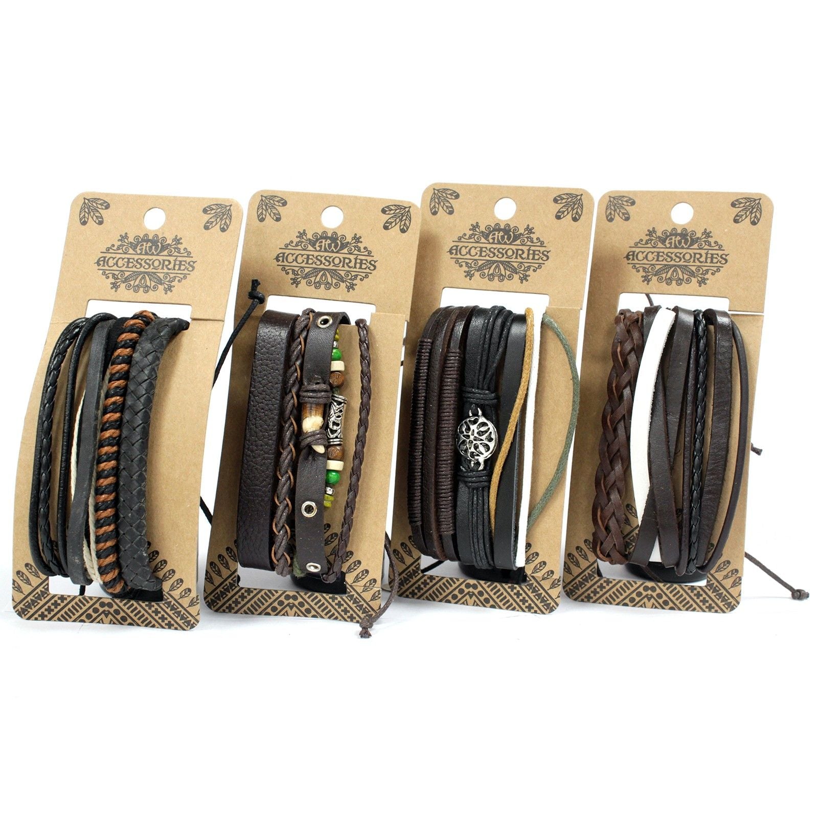 Stack of men's leather bracelets featuring assorted metal charms and adjustable cord ties in dark tones.