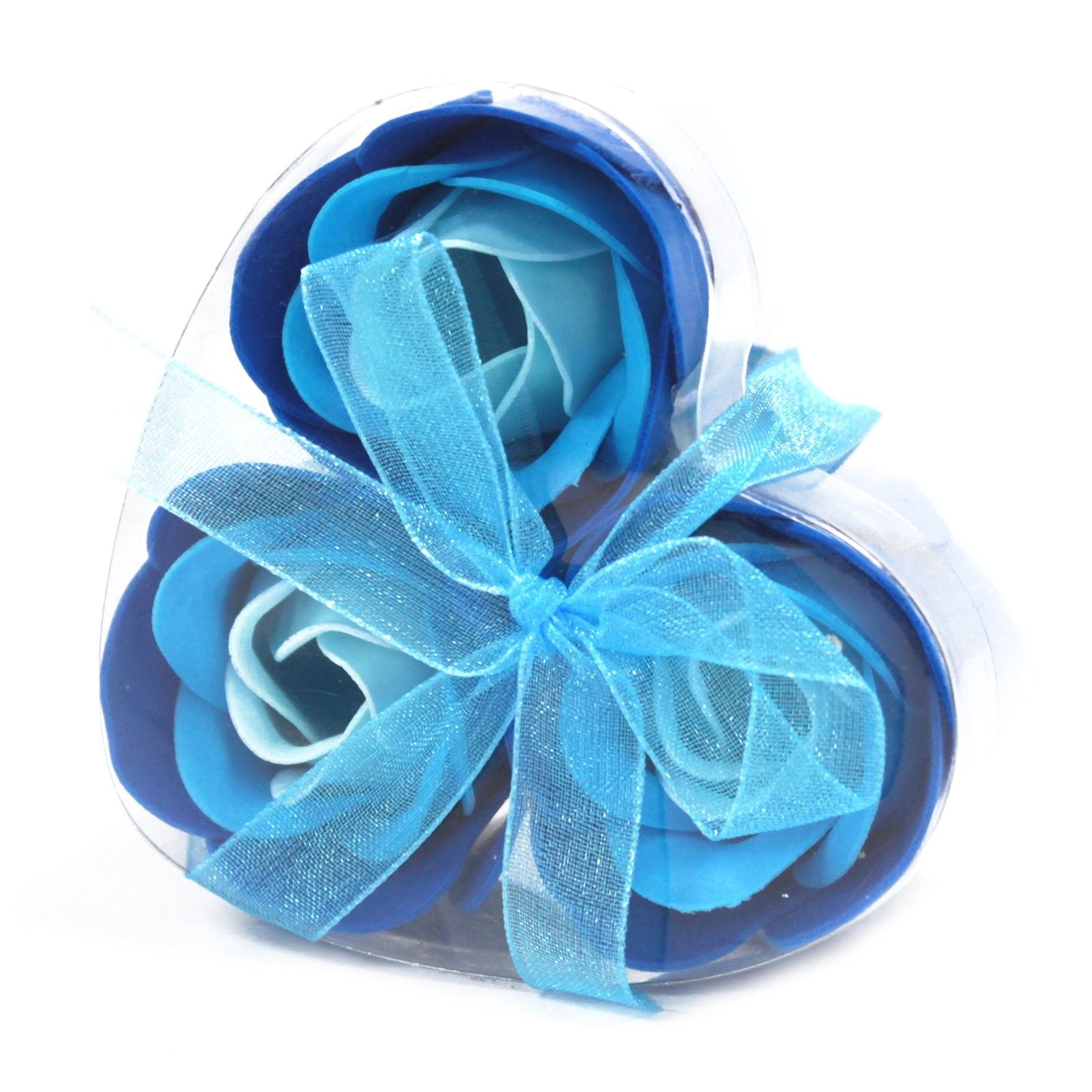 A heart-shaped gift box containing three delicately crafted blue soap roses with realistic petals.