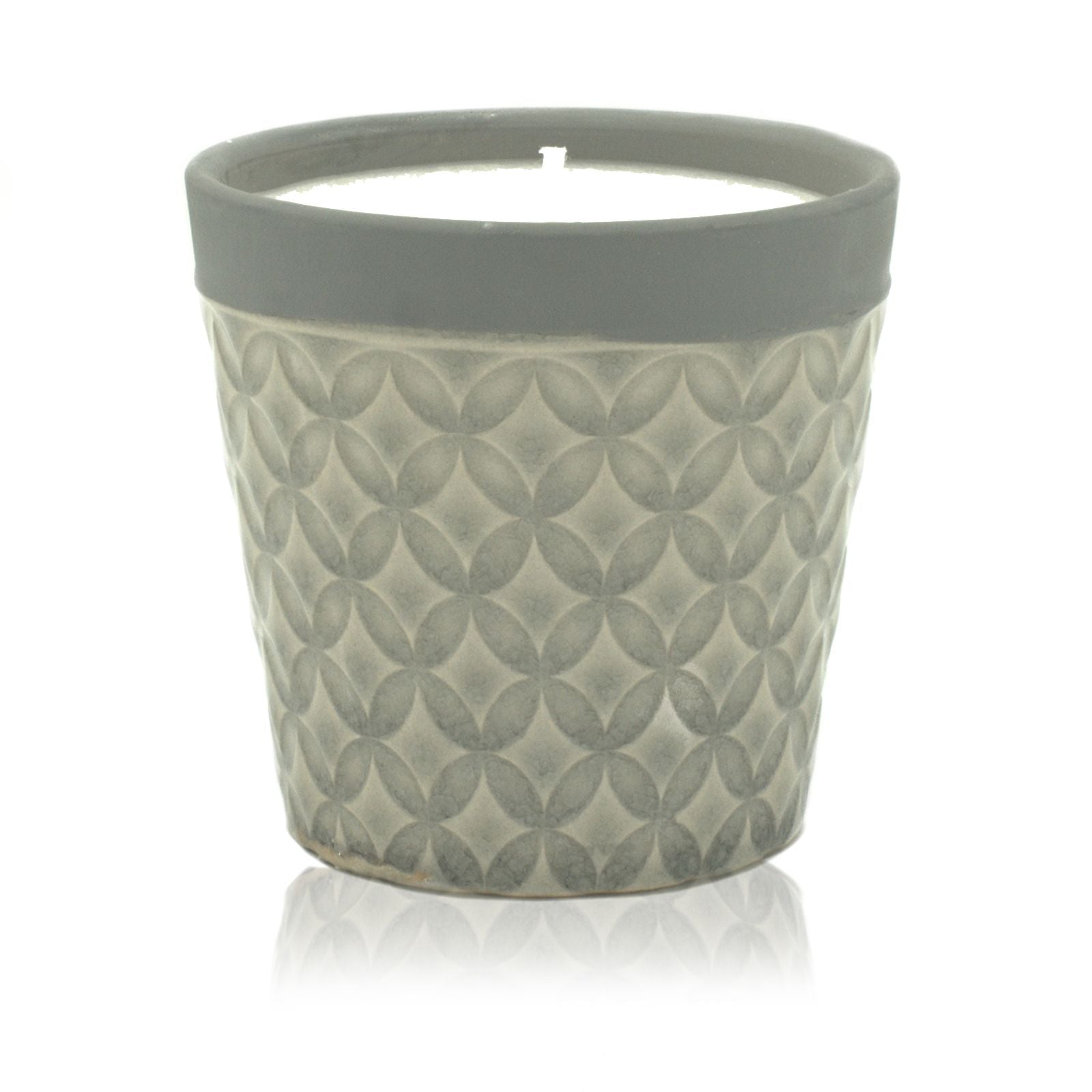 Large rustic ceramic candle pot filled with white soy wax and a single wick on a neutral background.