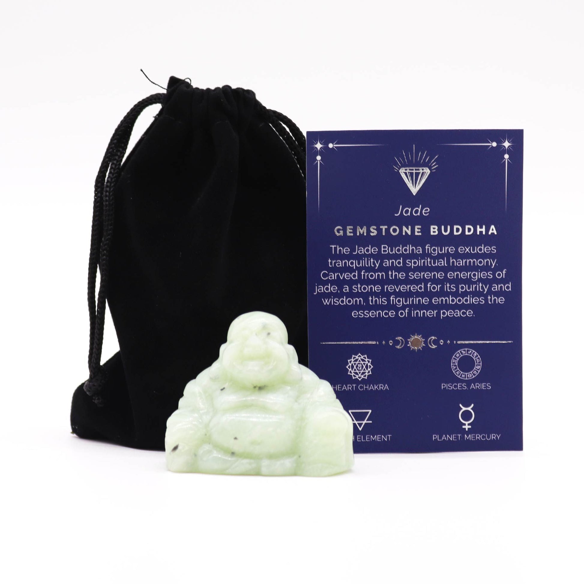 Large green jade gemstone Buddha figurine with intricate carvings in a meditative pose.