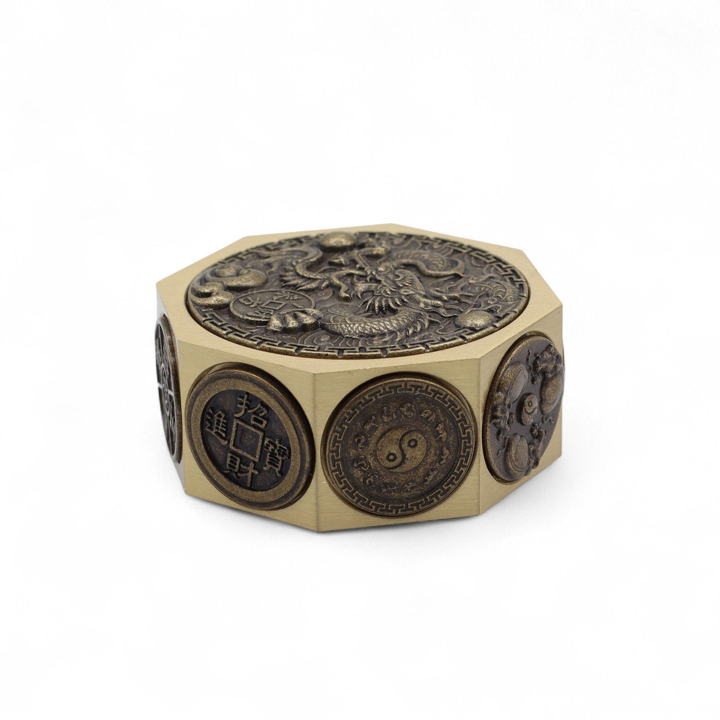 Detailed metal spinning coin featuring a traditional Chinese dragon and lucky cat design for protection and prosperity.