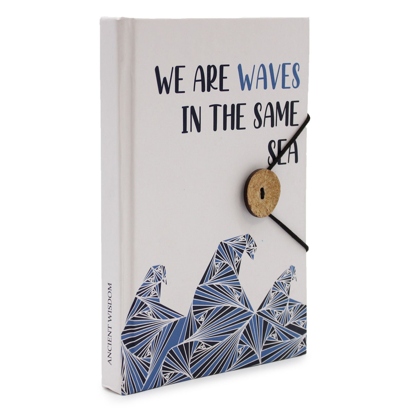 Eco-friendly recycled notebook with a blue wave illustration and a practical elastic closure strap.