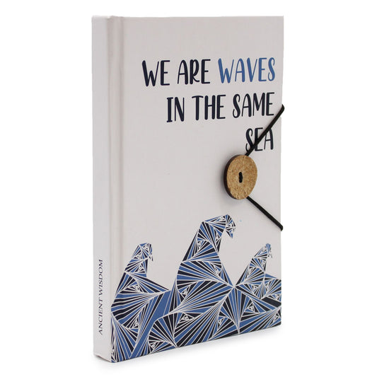 Eco-friendly recycled notebook with a blue wave illustration and a practical elastic closure strap.