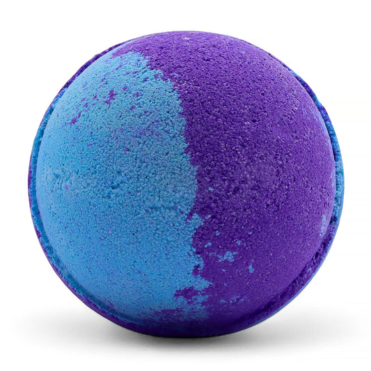 Large round purple artisanal bath bomb with a textured surface and speckled detail.