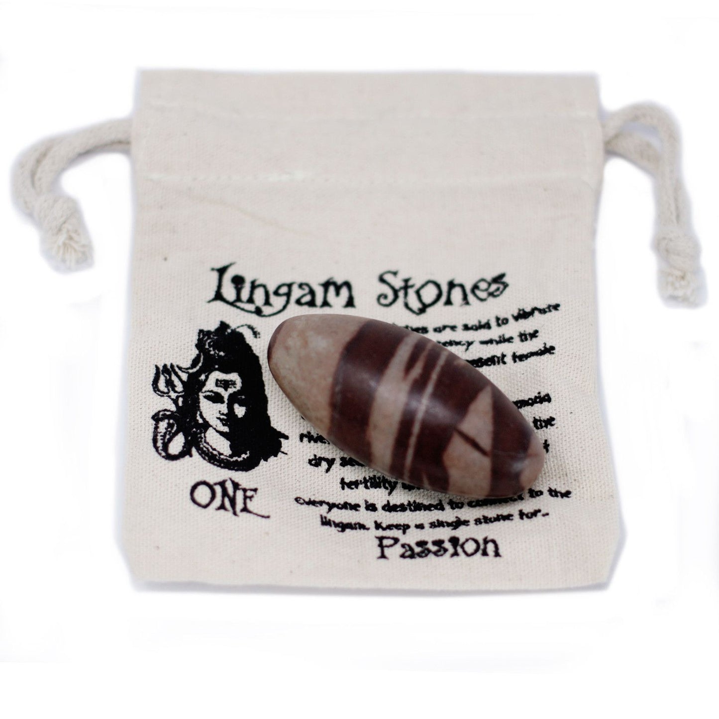 Smooth egg-shaped brown and tan Shiva Lingam stone positioned upright on a neutral surface.