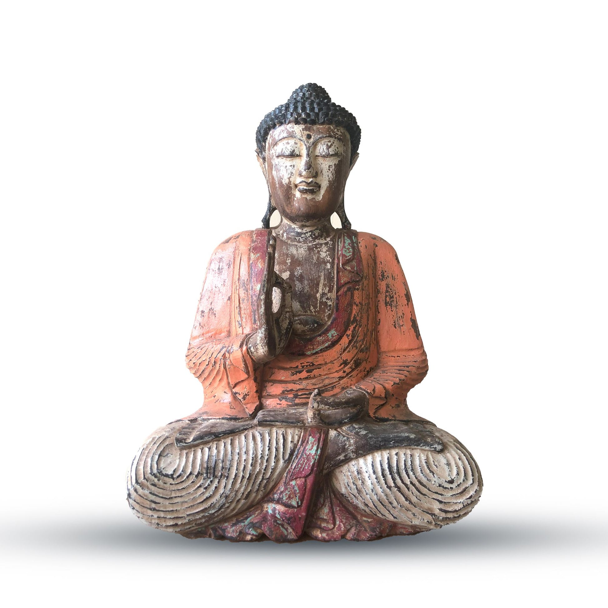 Large vintage orange hand-carved wooden Buddha statue in a teaching transmission pose on a simple base.