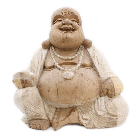 Large hand carved Suar wood Happy Buddha statue with a rustic whitewash finish and intricate traditional details.