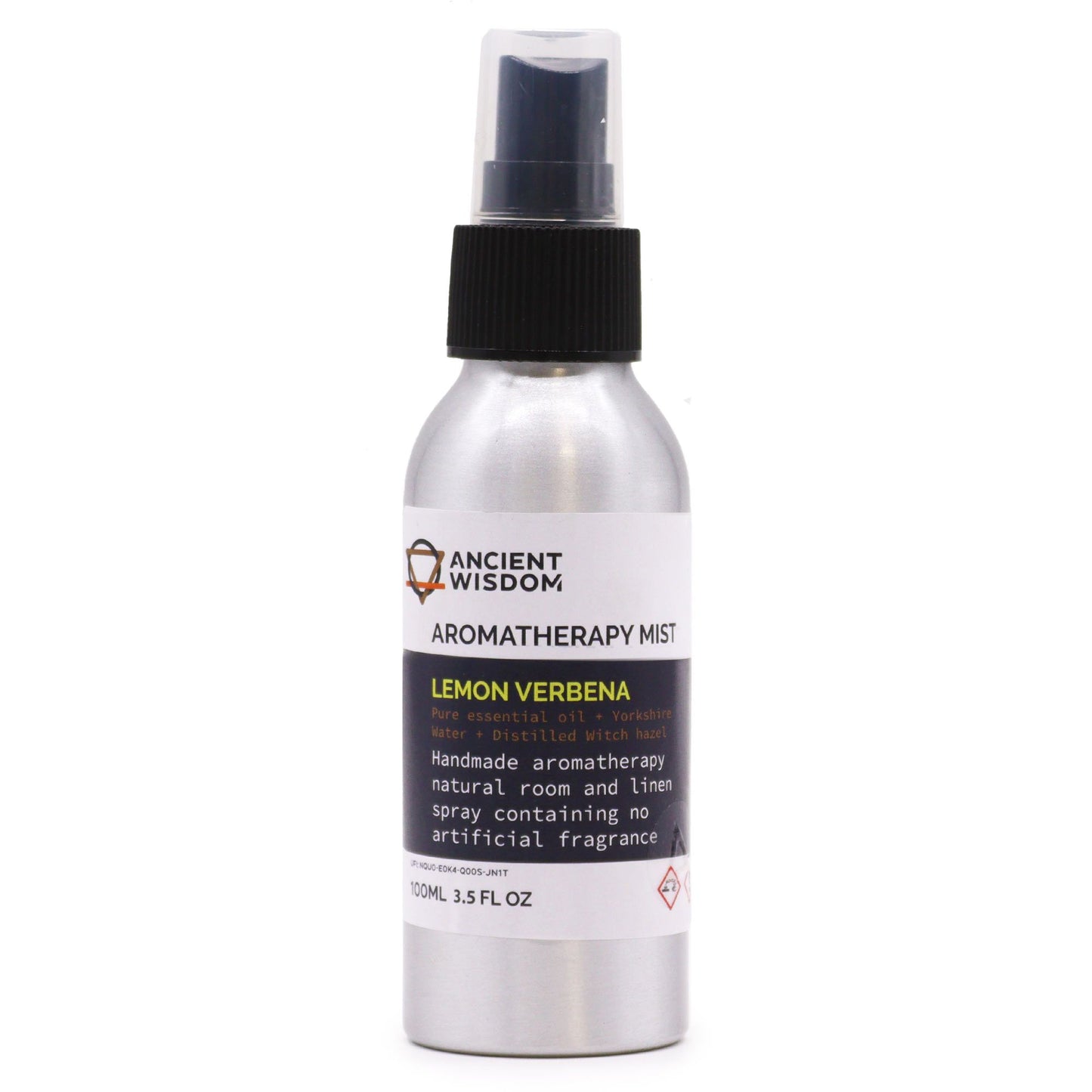 100ml amber glass spray bottle containing lemon verbena essential oil mist with a minimalist white label.