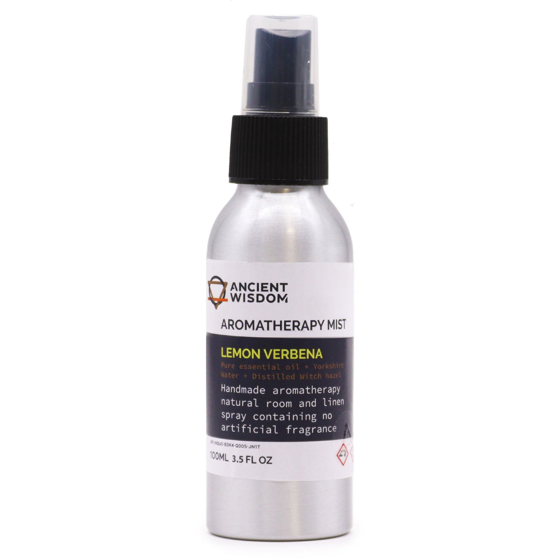 100ml amber glass spray bottle containing lemon verbena essential oil mist with a minimalist white label.