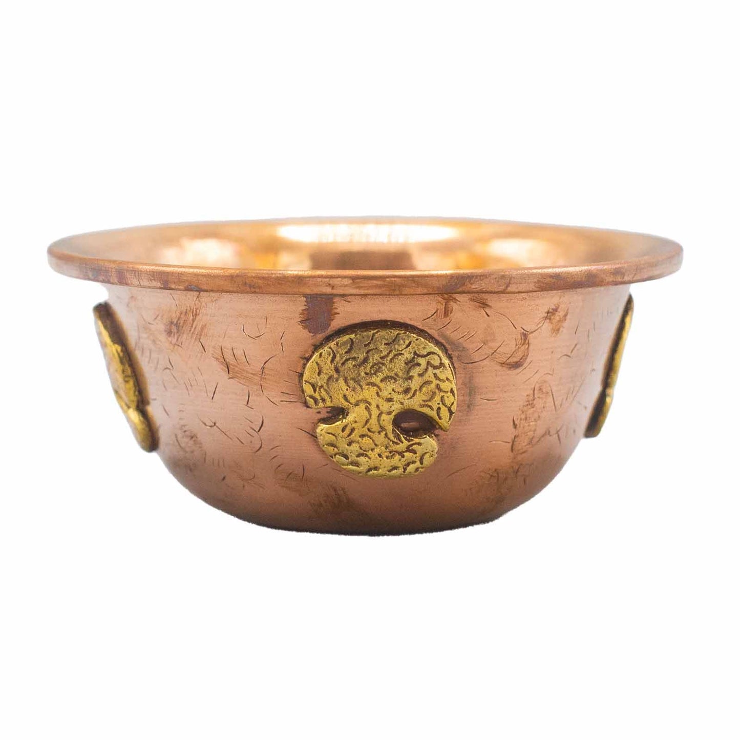 Handcrafted copper ritual bowl with an embossed Tree of Life design, measuring 12cm in diameter.
