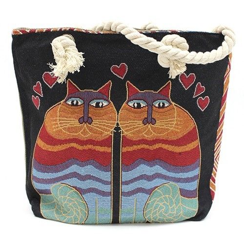 Large cream cotton tote bag featuring two black cats design and chunky nautical rope handles.