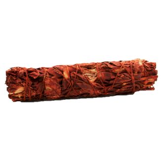 Large 15cm herbal smudge stick coated in vibrant red resin, tightly bound with natural string.