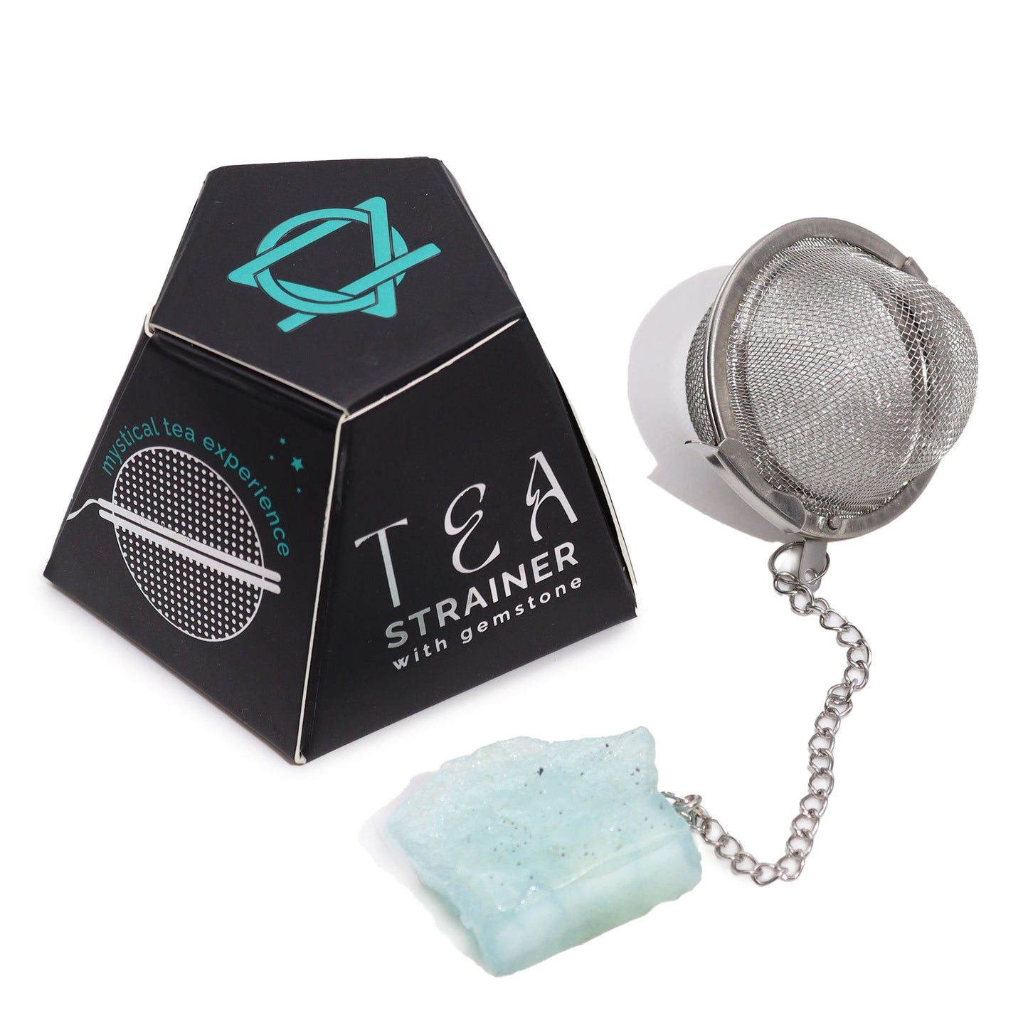 Silver-toned tea strainer featuring a genuine raw light blue Aquamarine crystal on the handle.