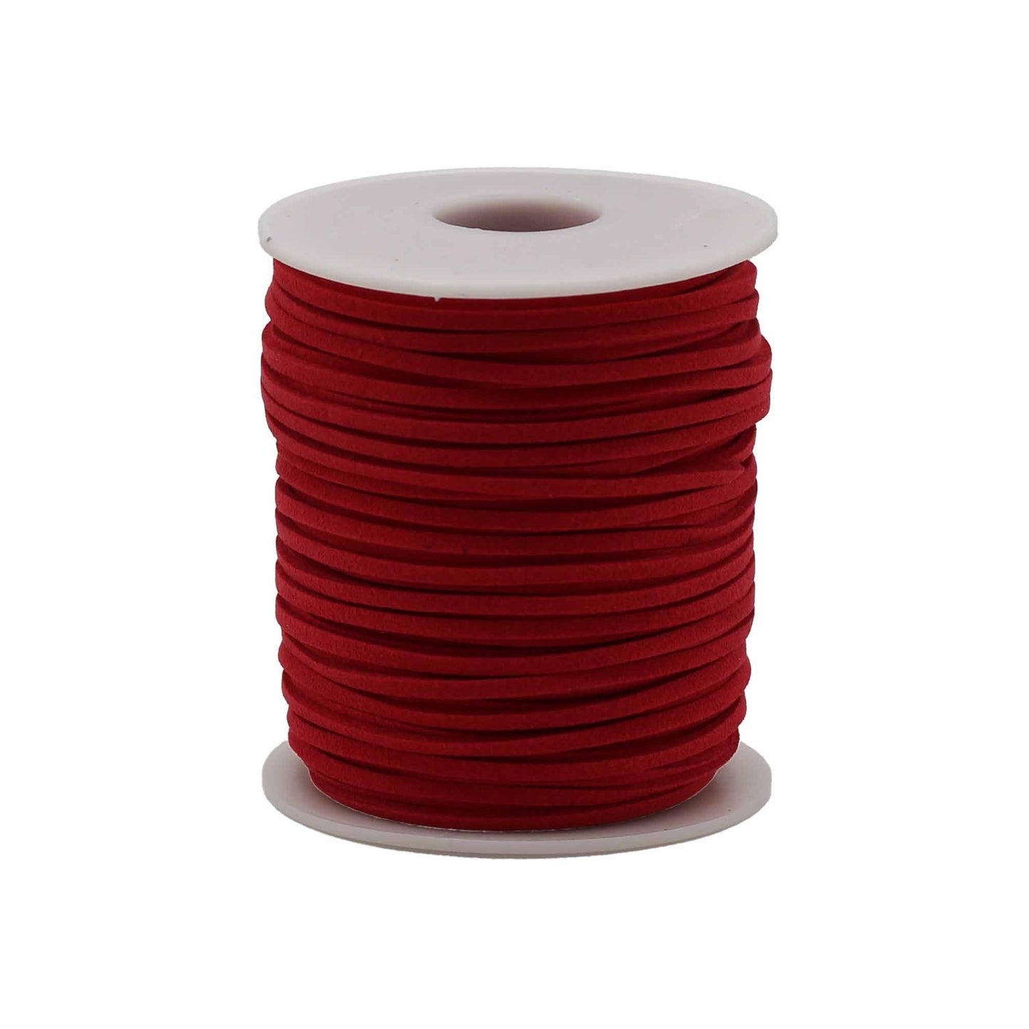 Large bulk roll of vibrant red faux suede jewellery cord on a black plastic spool for crafting and pendant making.