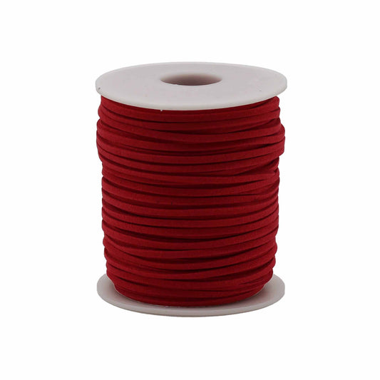 Large bulk roll of vibrant red faux suede jewellery cord on a black plastic spool for crafting and pendant making.