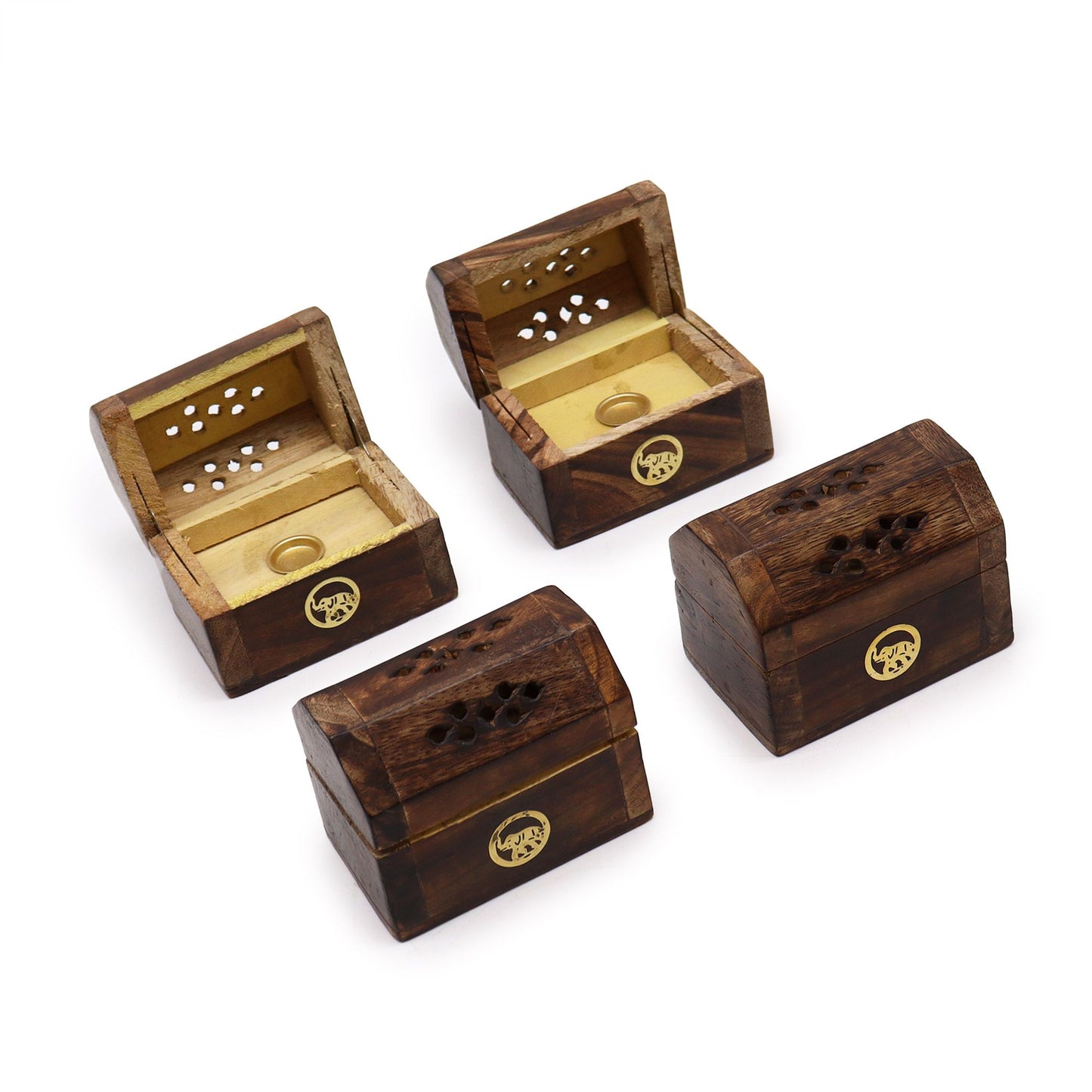 Small rectangular handcrafted mango wood box with decorative carvings designed for burning incense cones safely.
