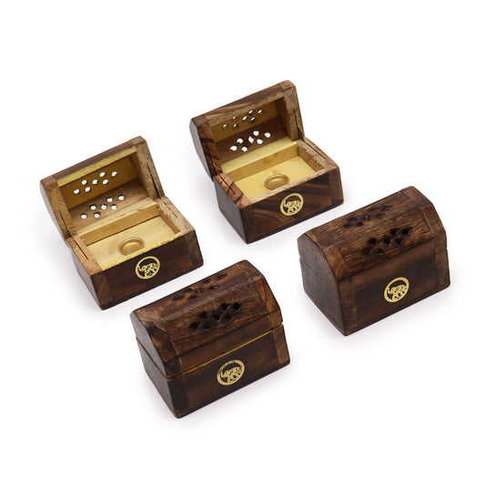 Small rectangular handcrafted mango wood box with decorative carvings designed for burning incense cones safely.