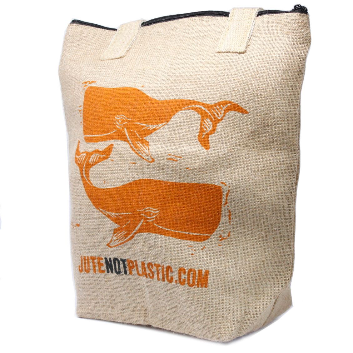 Large eco-friendly jute shopping bag featuring a stylish blue whale design with soft cotton handles and a secure zip.