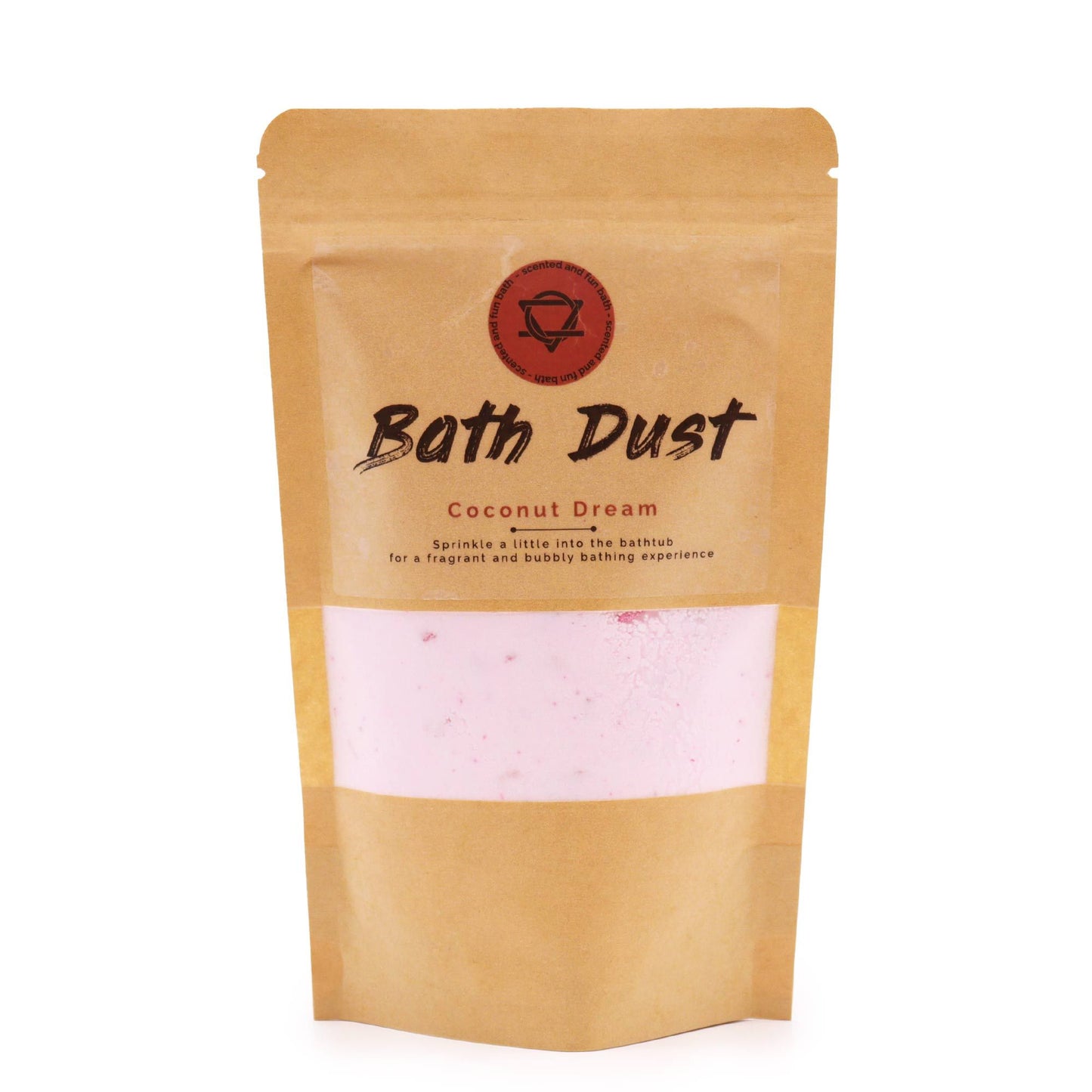 Finely textured white bath dust scattered on a flat surface with tropical coconut aesthetic.