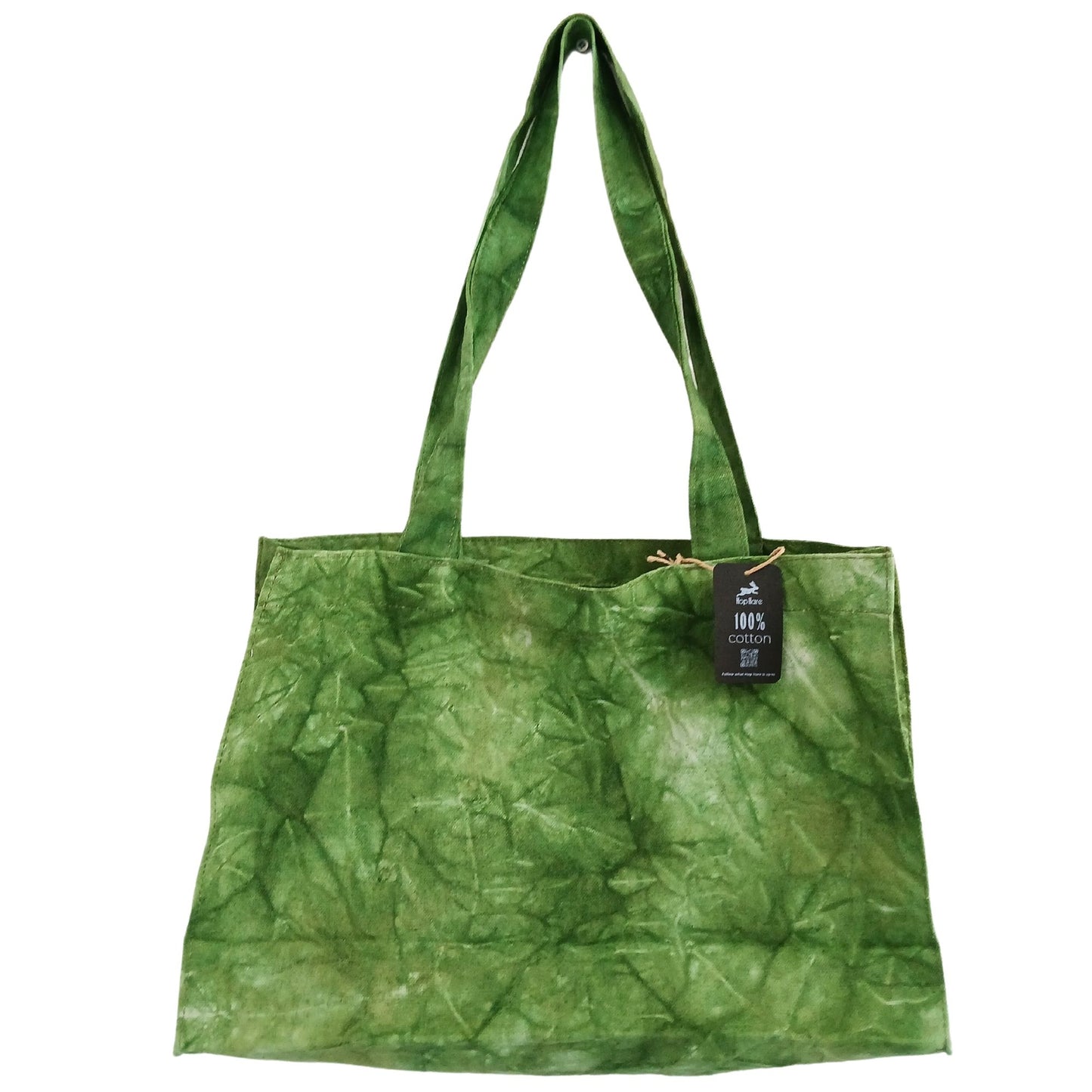 Close-up of a forest green fabric bag with a textured stonewash finish and durable carry handles.