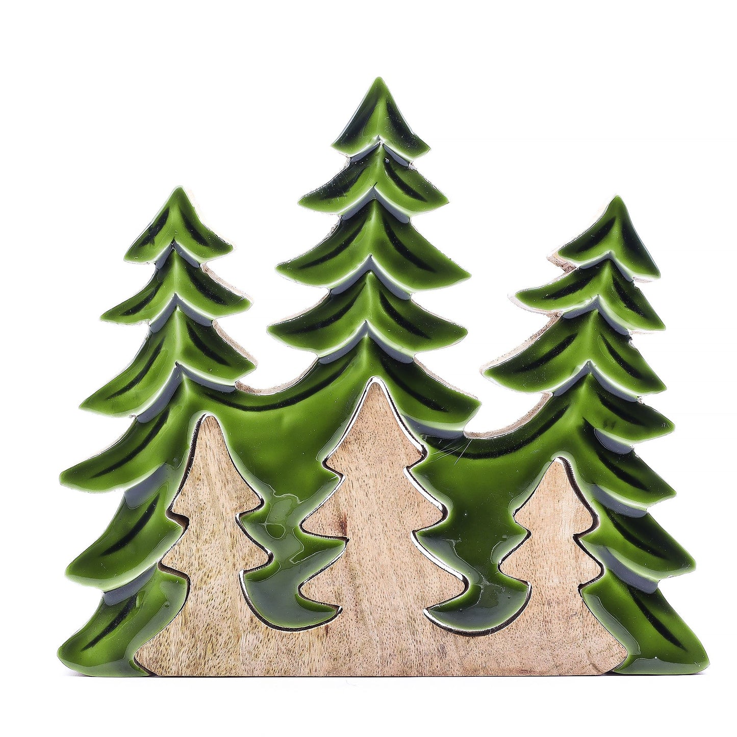 Three layered pine tree silhouettes handcrafted from mango wood with a glossy green enamel finish on a wooden base.