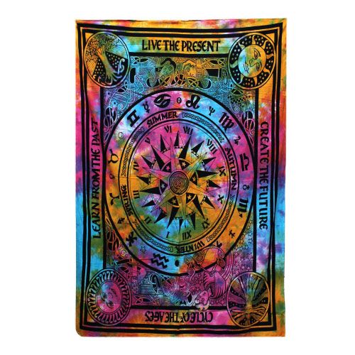 Large rectangular cotton tapestry featuring a colourful celestial zodiac cycle of ages design with intricate borders.