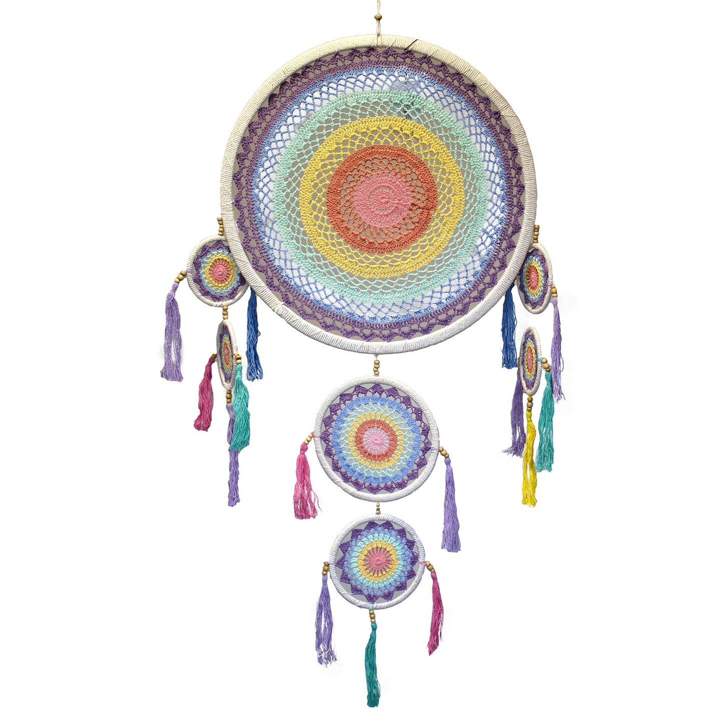 Large circular dreamcatcher featuring a vibrant pastel rainbow web, decorative beads, and flowing colourful feathers.