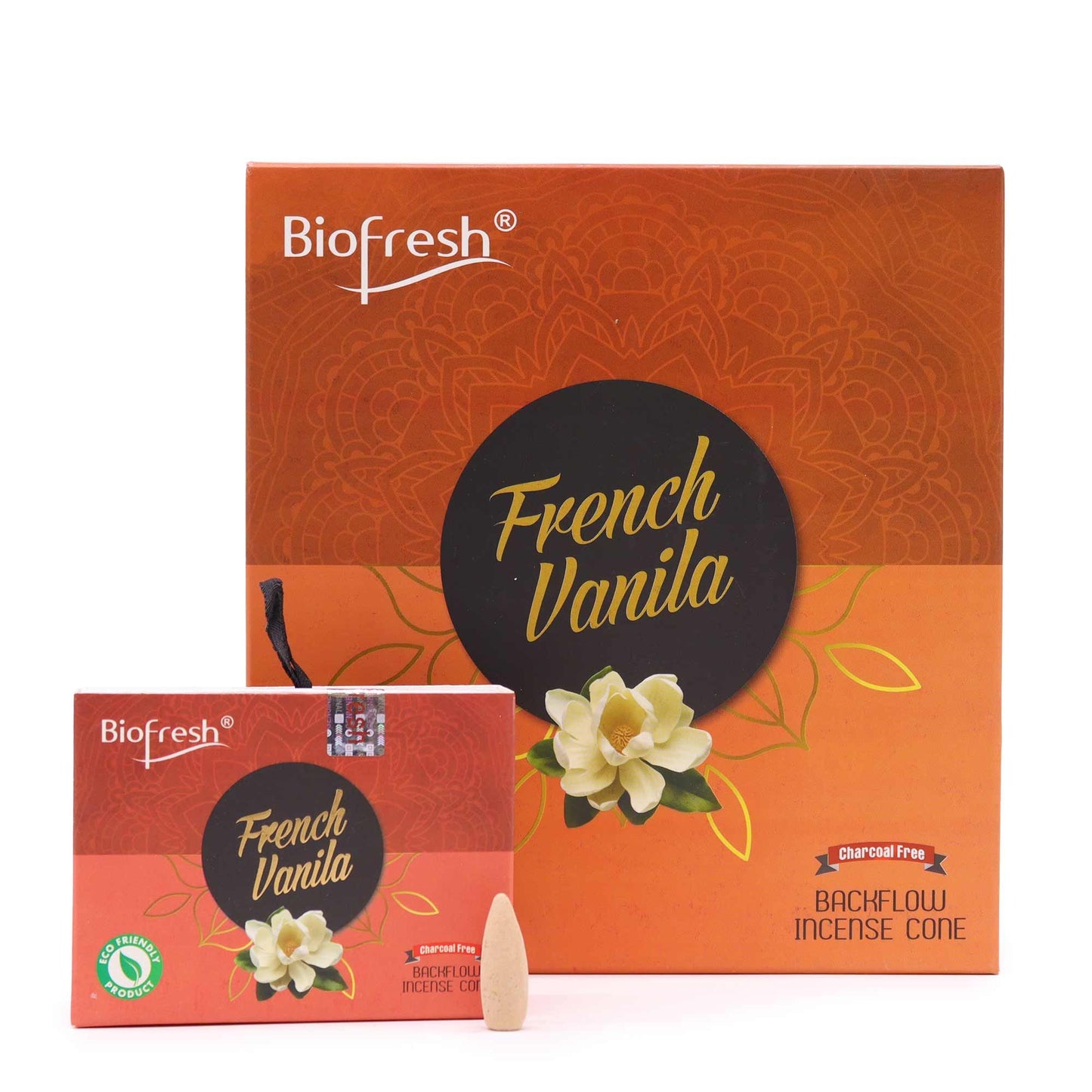 Creamy vanilla scented backflow incense cones designed for cascading smoke burners in a serene setting.