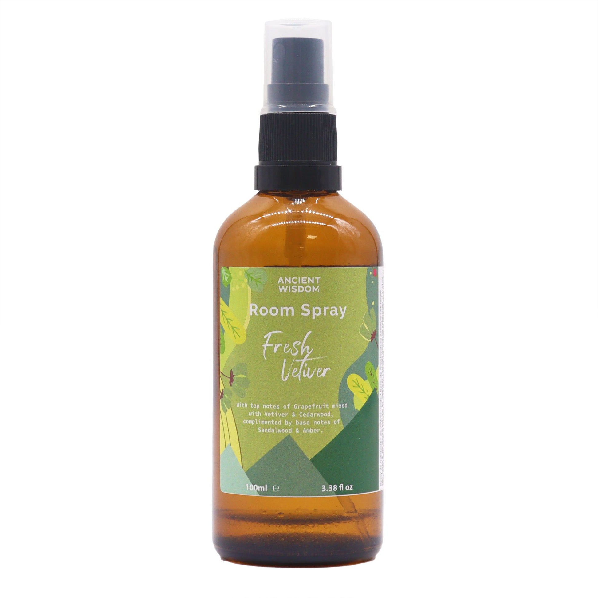 Clear 100ml spray bottle filled with Fresh Vetiver room mist, featuring a minimalist label on a clean background.