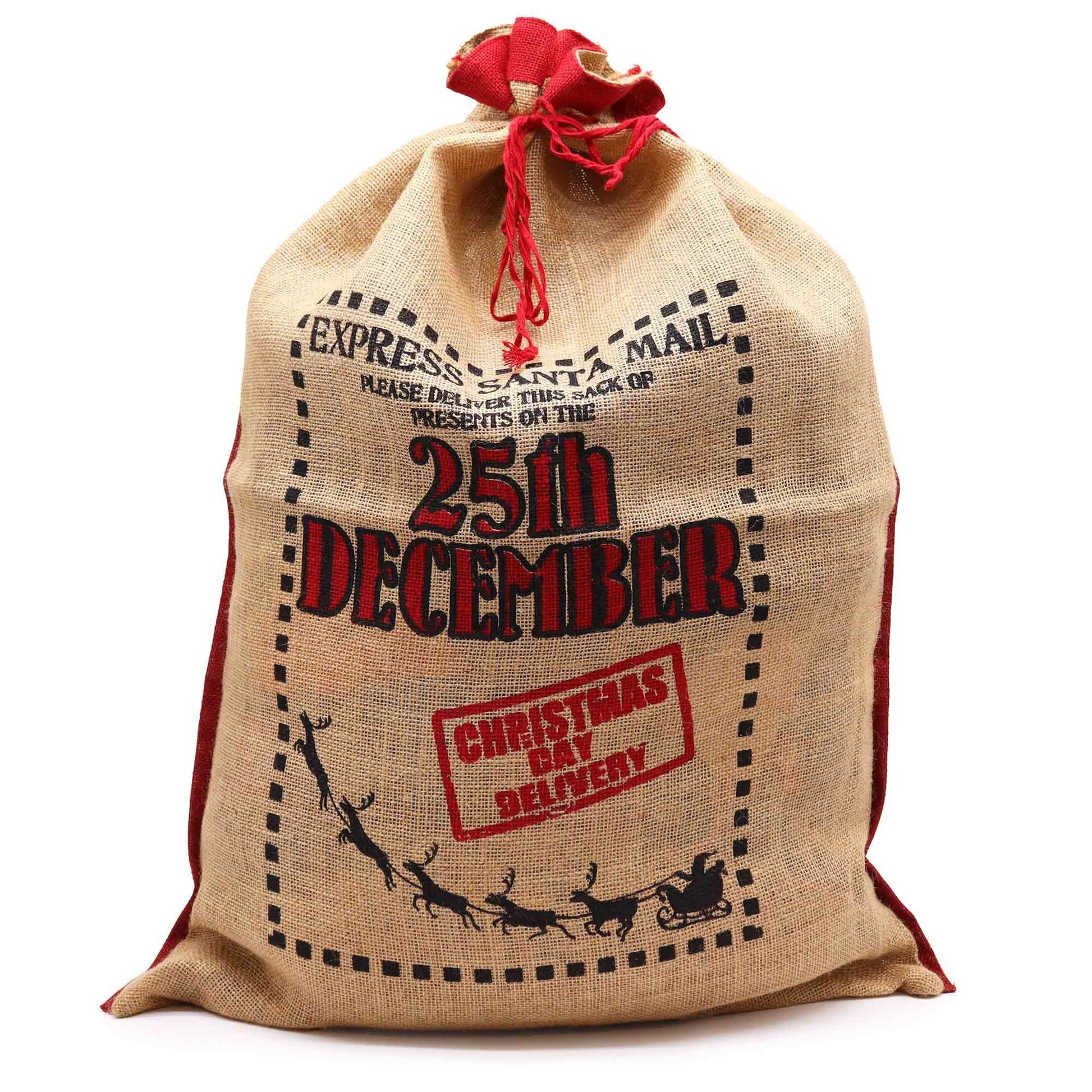 Large rustic jute Santa sack with festive 25th December typography and a sturdy drawstring closure.