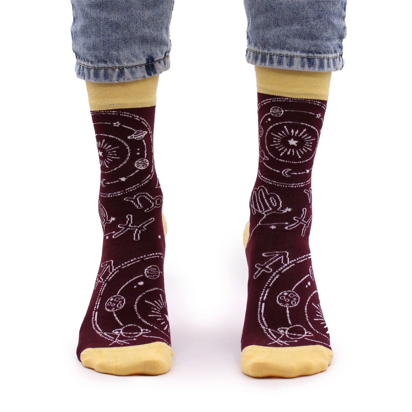 Pair of soft bamboo socks featuring a mystical zodiac constellation design and a smooth toe seam.
