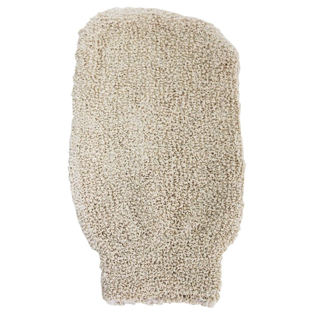 Textured cream-coloured jute mix exfoliating bath mitt with a natural woven finish.