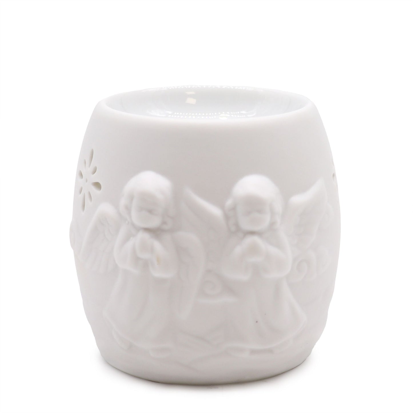 Elegant white ceramic oil burner featuring a detailed cherub design in a classic finish.