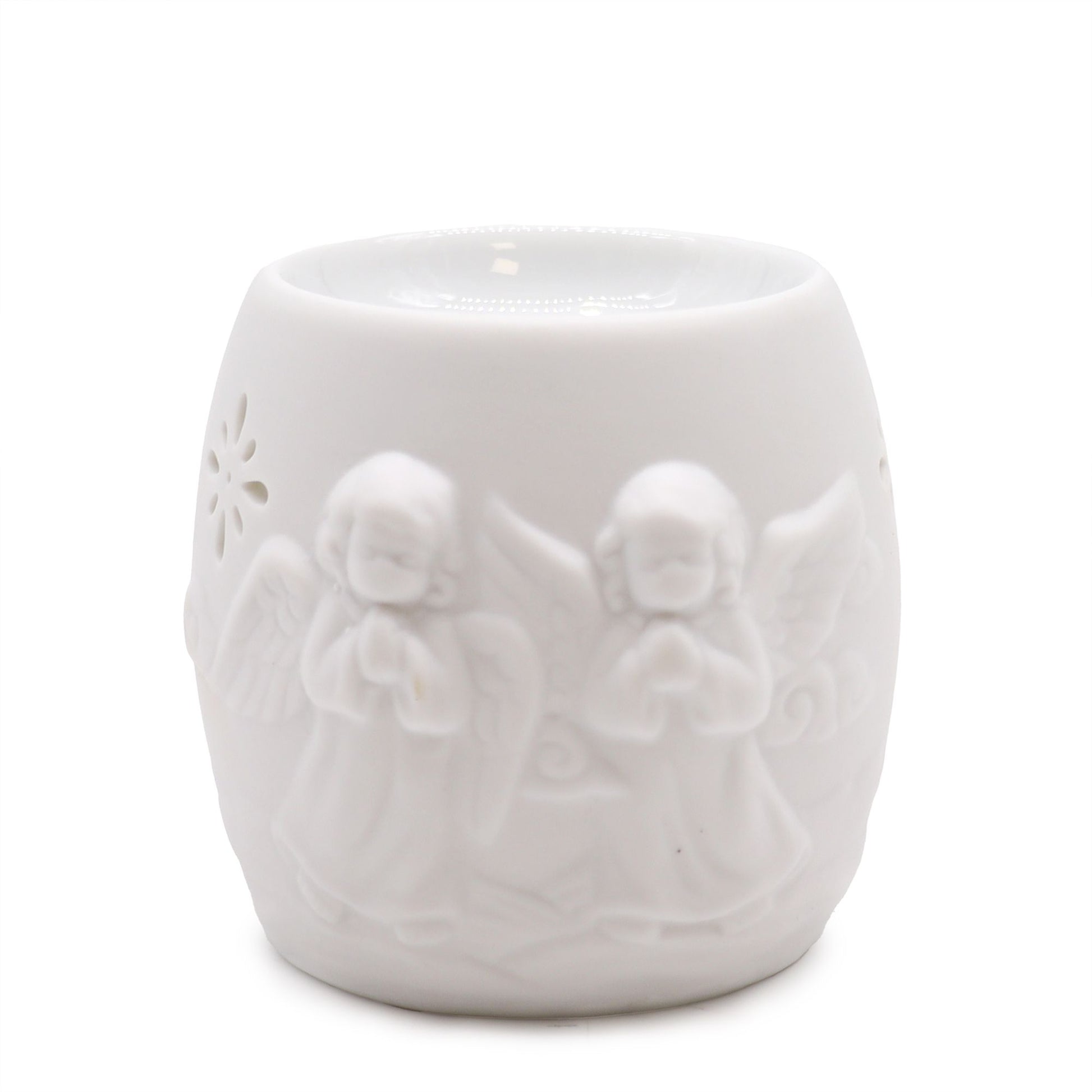 Elegant white ceramic oil burner featuring a detailed cherub design in a classic finish.