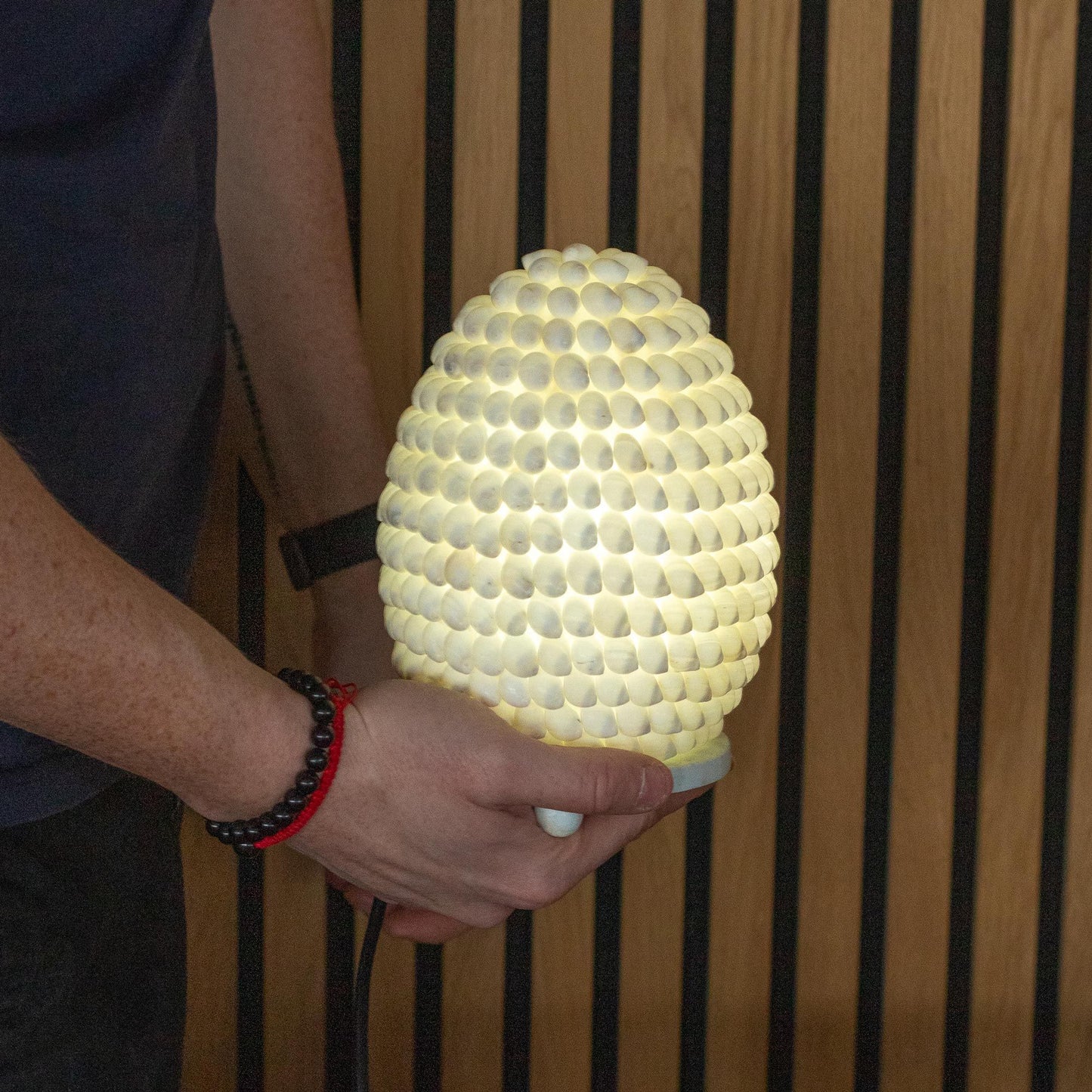 Handcrafted oval sea shell lamp featuring a mosaic of natural buting shells that emit a warm, ambient glow.