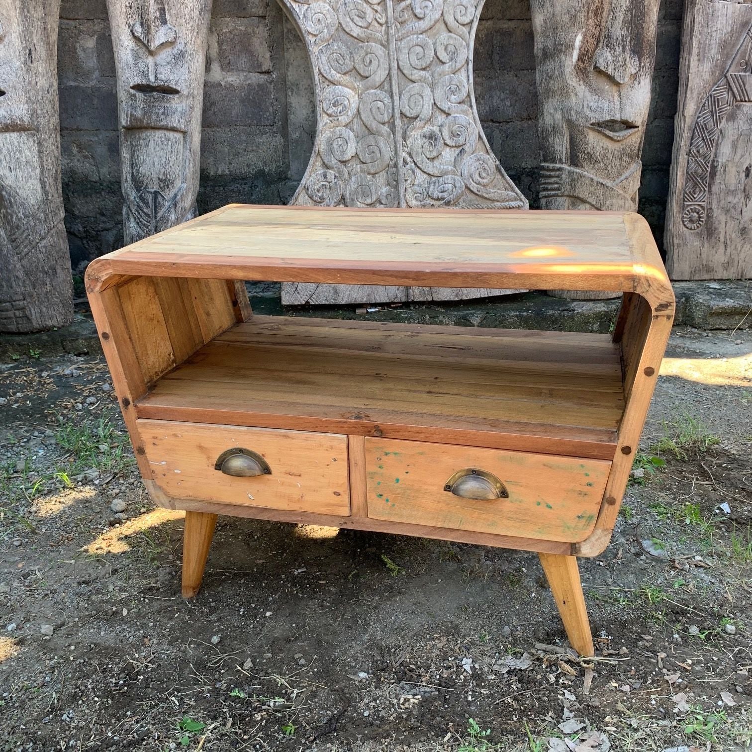 Handmade small TV stand with two drawers and shelf, crafted from colourful recycled teak wood with a rustic finish.