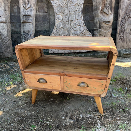 Handmade small TV stand with two drawers and shelf, crafted from colourful recycled teak wood with a rustic finish.