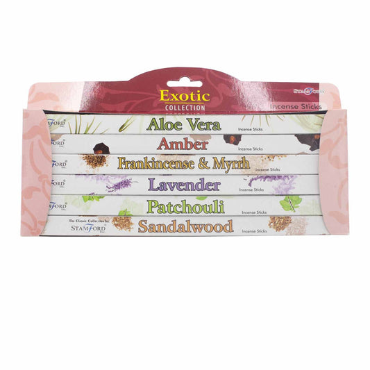 Exotic incense stick gift set featuring six colourful individual boxes arranged in a decorative presentation pack.