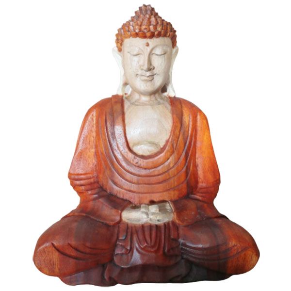 Intricately hand-carved Suar wood Buddha statue standing 30cm tall with a natural wood finish and hand down gesture.